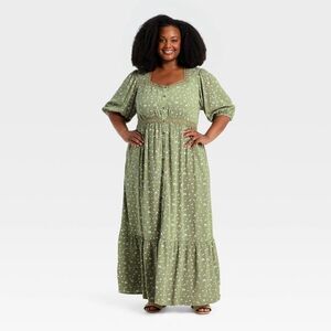Ava & Viv Olive Green Strapless Maxi Dress with Puff Sleeves